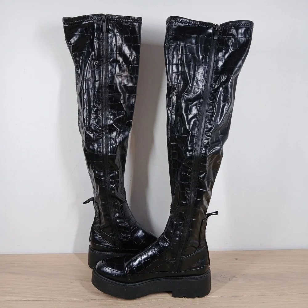 Franco Sarto Janna Boots Womens 6 Black Croc Platform Over The Knee High Gothic